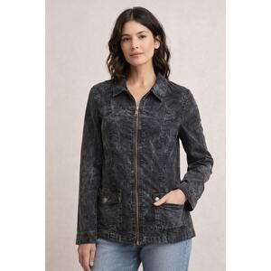 XCVI Black Fine Corduroy Zip Jacket Acid Wash Stretch Utility Lightweight Large